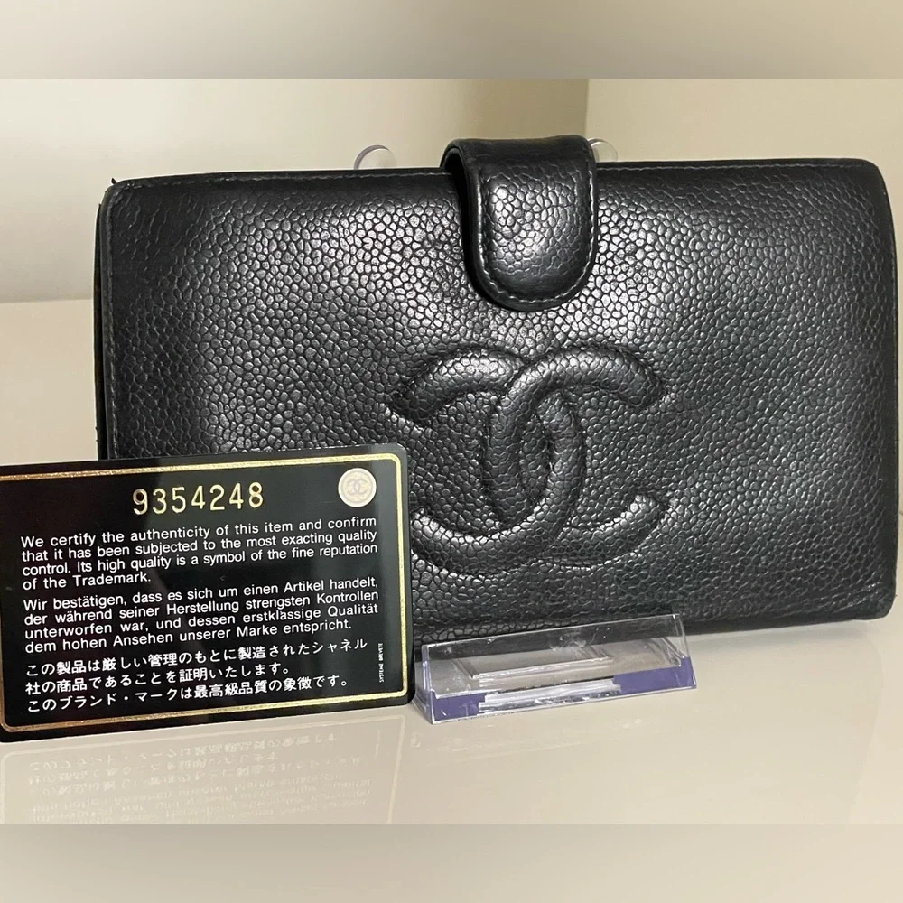 Chanel CC Caviar Leather Long Black Wallet with COA